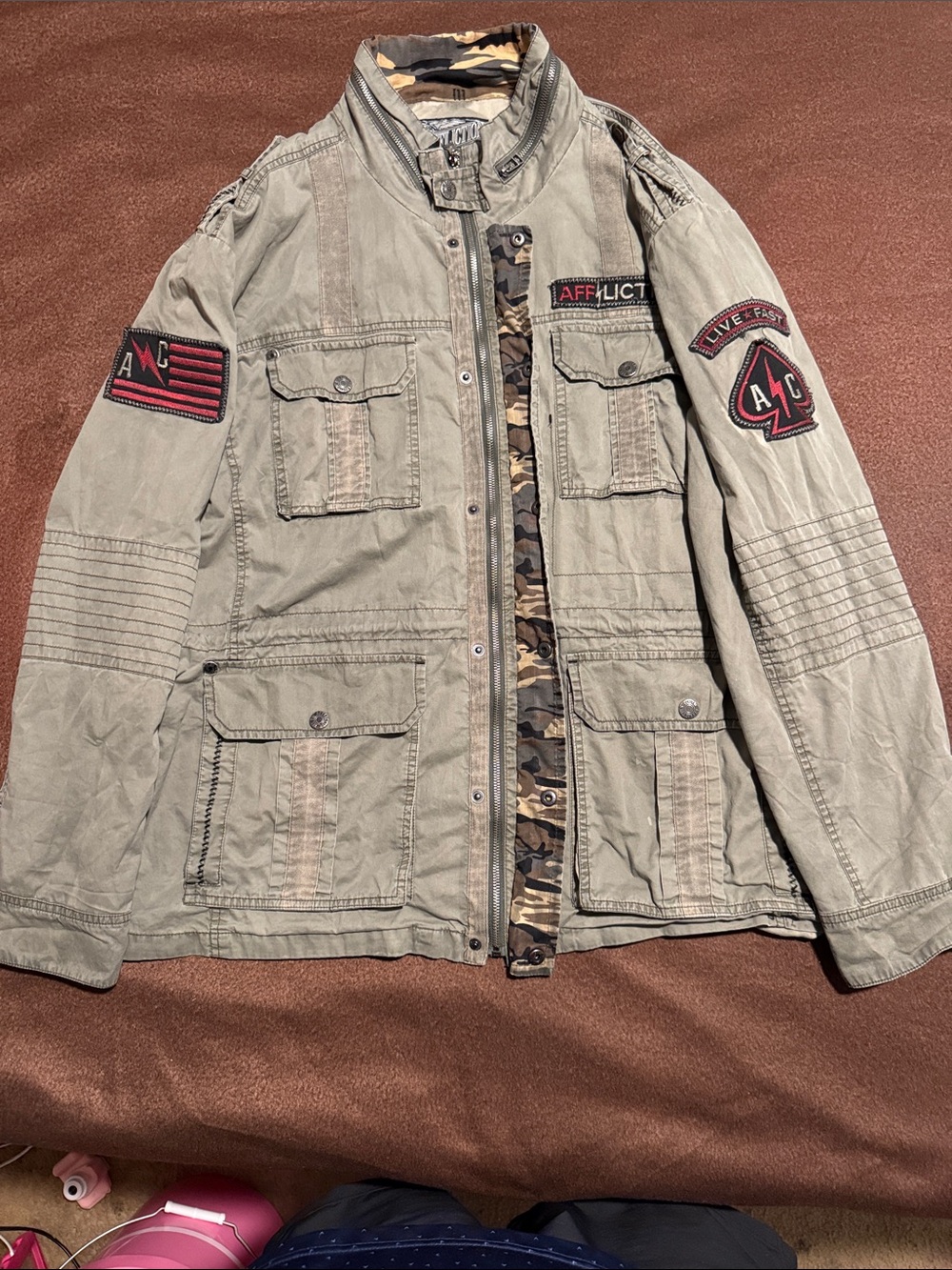 Affliction Olive Military Field Jacket with Camo Trim